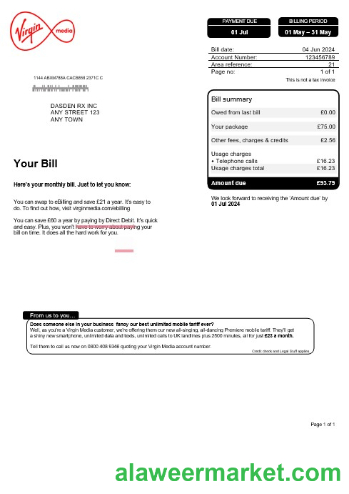 United Kingdom Virgin Media business utility bill, Word and PDF template